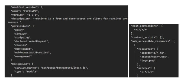 The extension also attempts to grant itself extensive permissions as seen from its manifest.json file.
